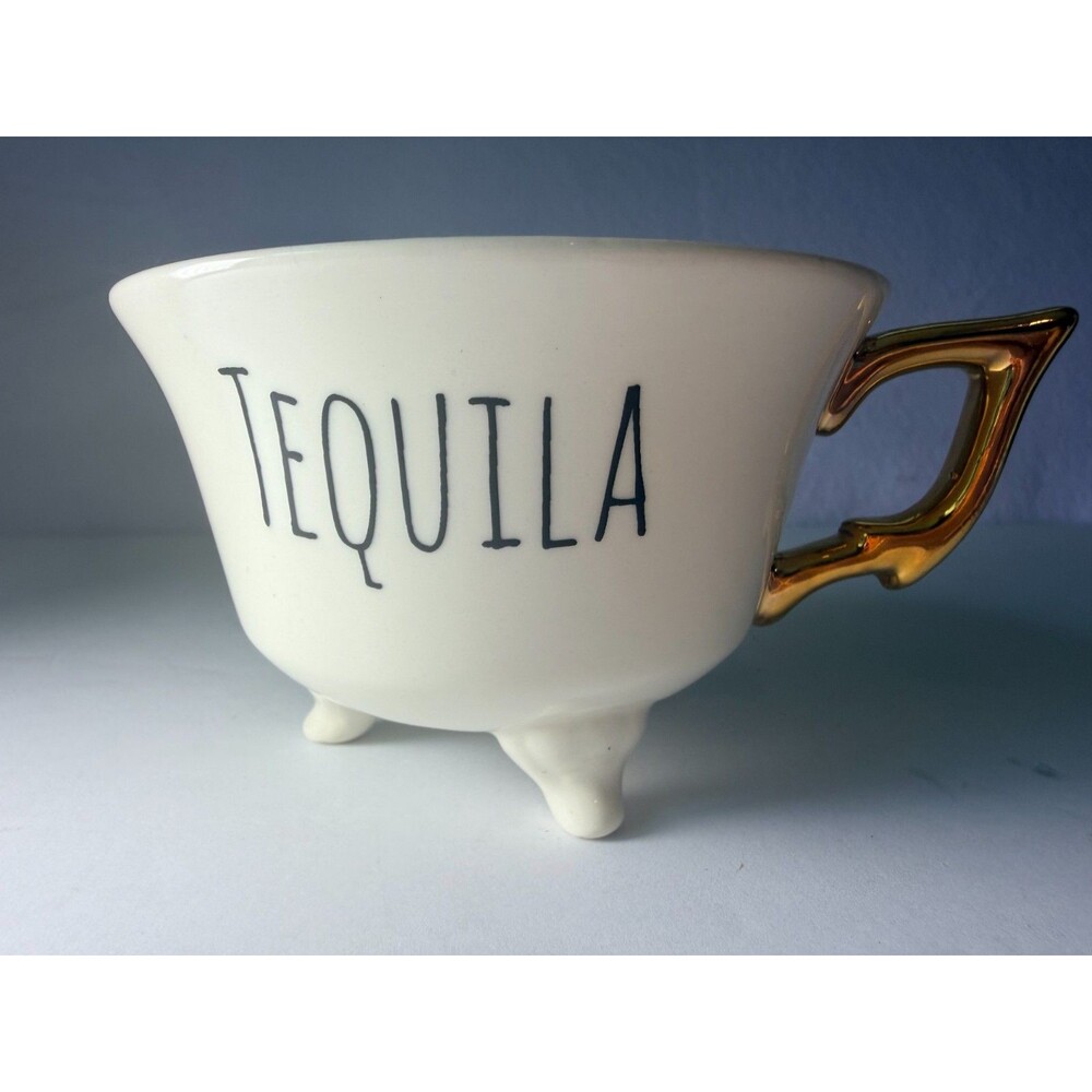 Tequila Tea Cup Cocktail Novelty Black White Gold Creative Co-op Stoneware